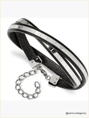 Stainless Steel Italian Leather Wrap Bracelet 14.5in Extension
